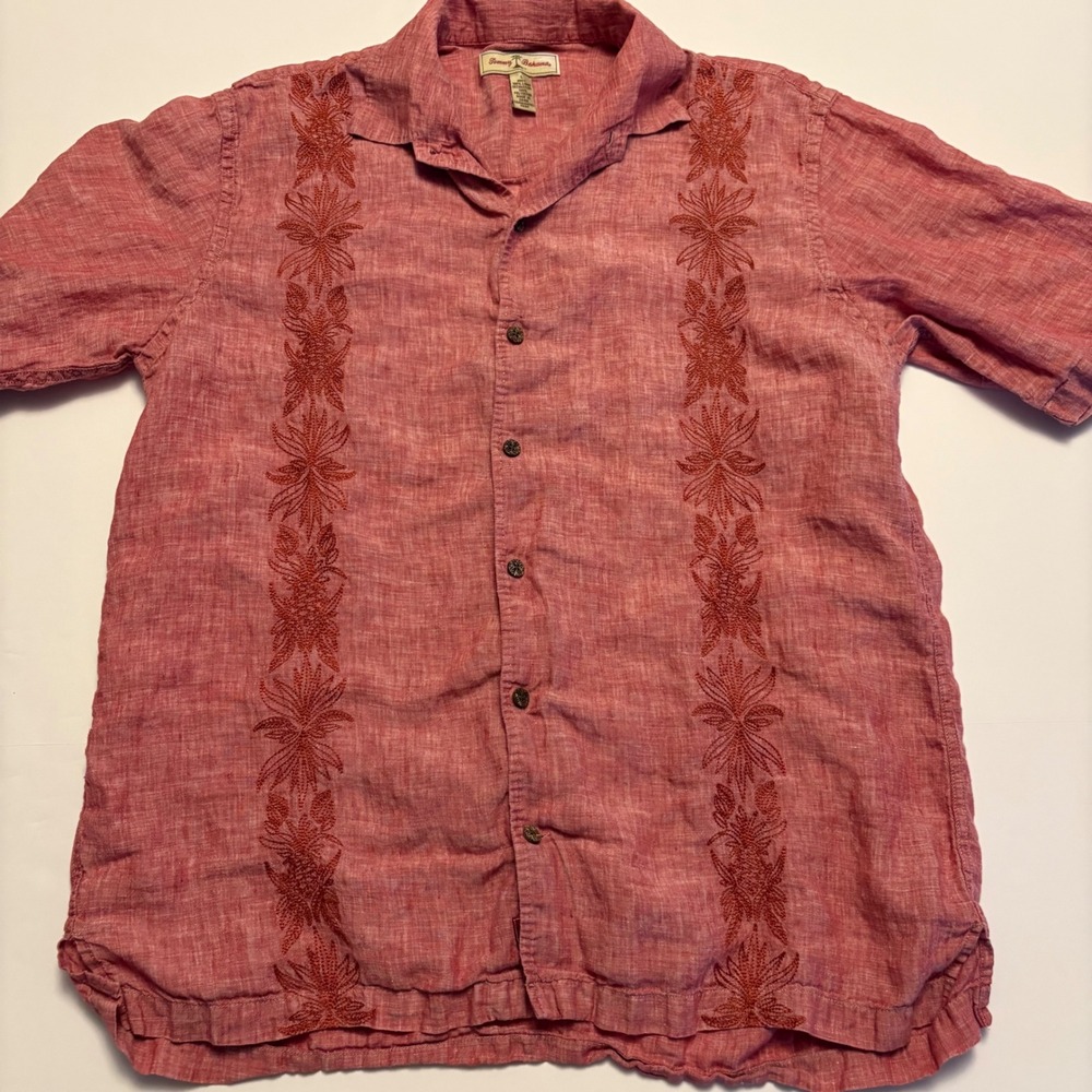 Tommy Bahama Camp Shirt Mens Large Red Linen Embroidered Floral Short Sleeve
